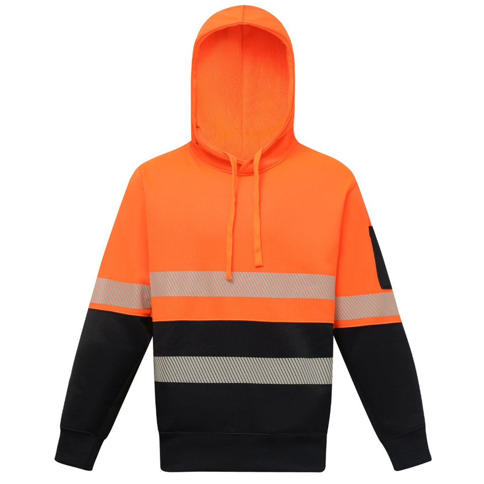 Hi-visibility orange and black hoodie with segmented reflective tape across chest and torso