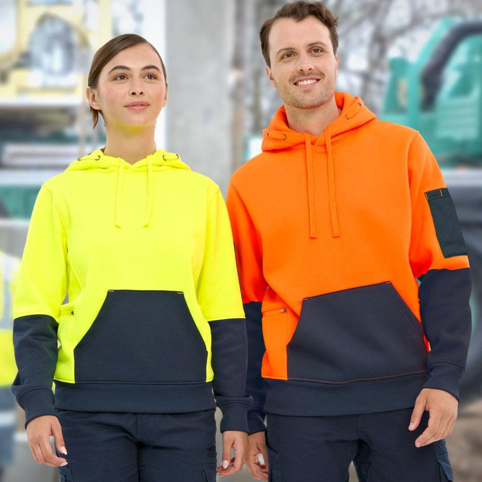 Rezy Hi Vis Two Tone Water Resistant Heavyweight Fleece Hoodie, a warm safety top with reflective tape, ideal for construction and outdoor workwear.