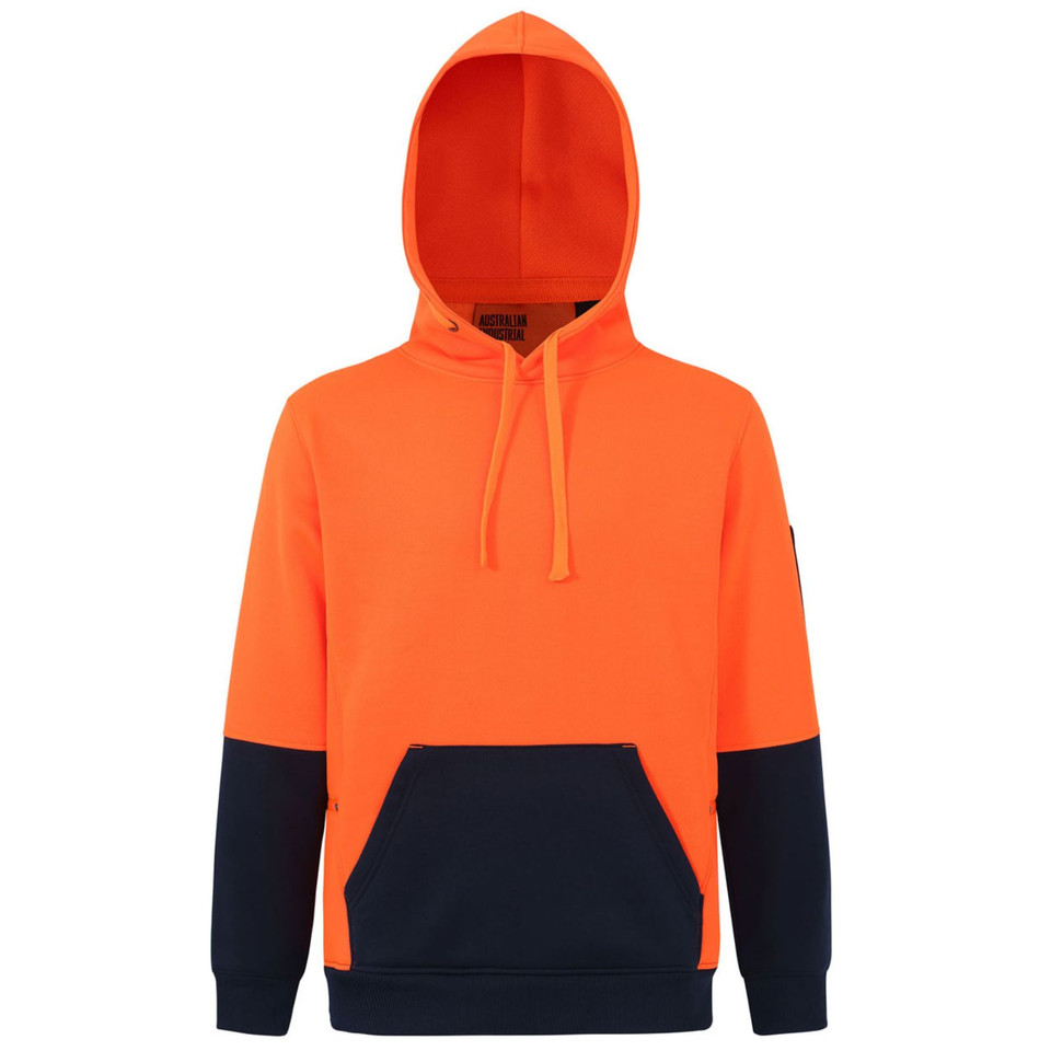Orange Navy Rezy Hi Vis Two Tone Water Resistant Heavyweight Fleece Hoodie, a warm safety top with reflective tape, ideal for construction and outdoor workwear.