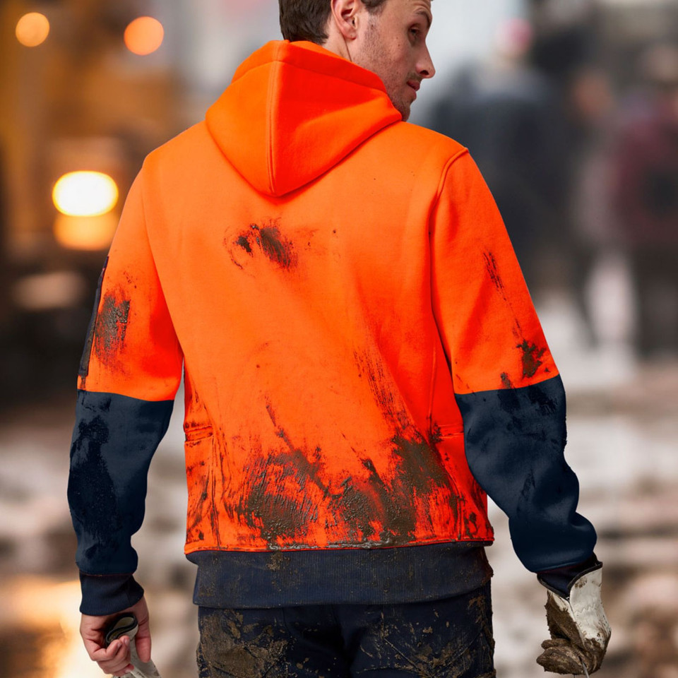 Rezy Hi Vis Two Tone Water Resistant Heavyweight Fleece Hoodie, a warm safety top with reflective tape, ideal for construction and outdoor workwear.