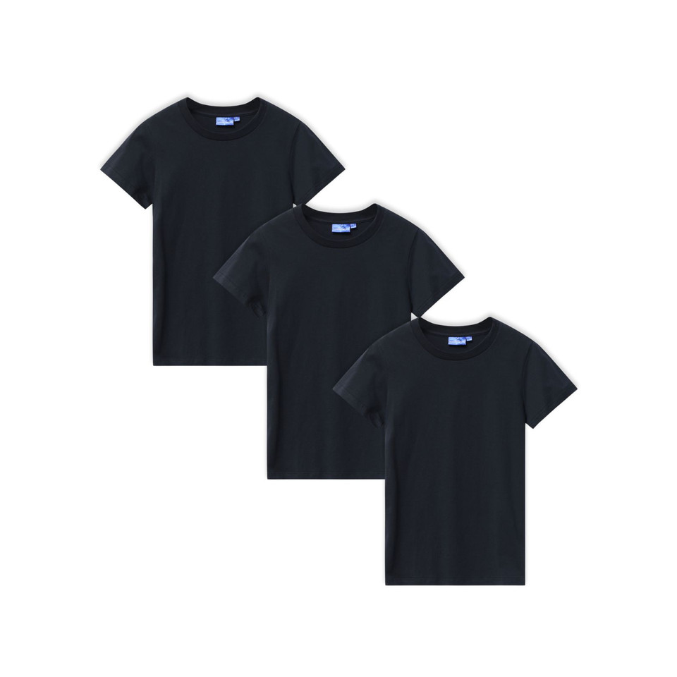 Three navy premium cotton crew neck tees arranged in overlapping packshot — smooth fabric, short sleeves, ribbed collar