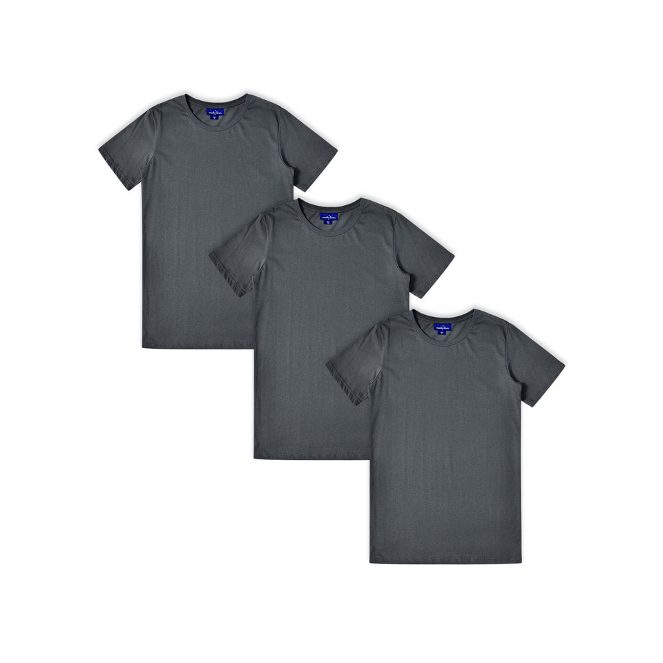 Three charcoal premium cotton crew neck tees arranged in overlapping packshot display, smooth flat panels ideal for decoration