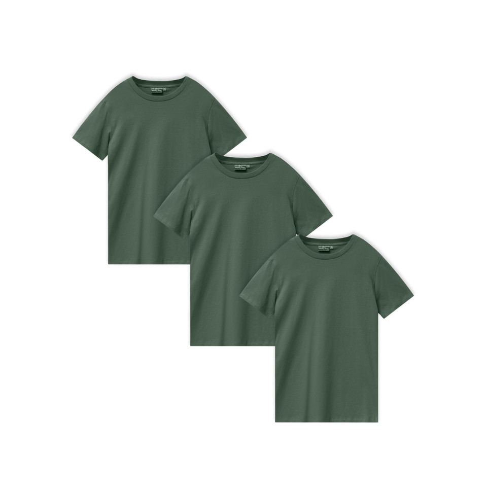 Three army green crew neck t-shirts in premium combed cotton with short sleeves displayed in staggered arrangement