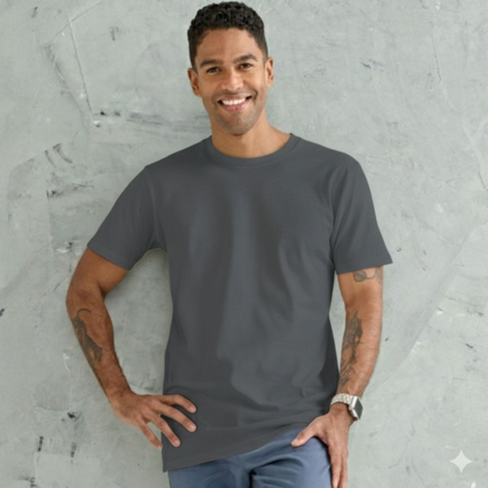 A male model wearing a charcoal grey LOFT Mens Premium Cotton Tshirt with a longer body, a mid-weight, regular fit, and a crew neck.