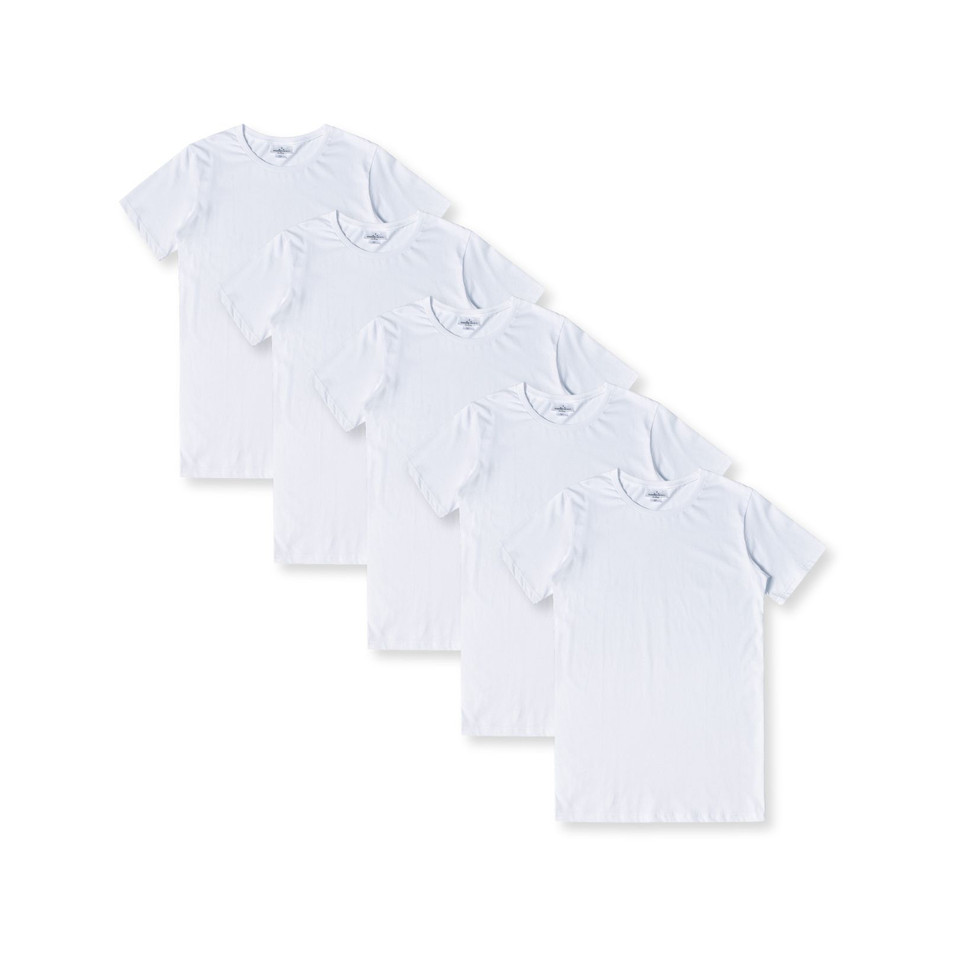 Five white premium cotton crew neck t-shirts arranged in overlapping row displaying smooth front panels