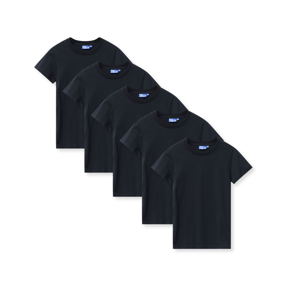 Five navy premium cotton crew neck tees arranged in diagonal stack flat lay, smooth chest panels ideal for decoration