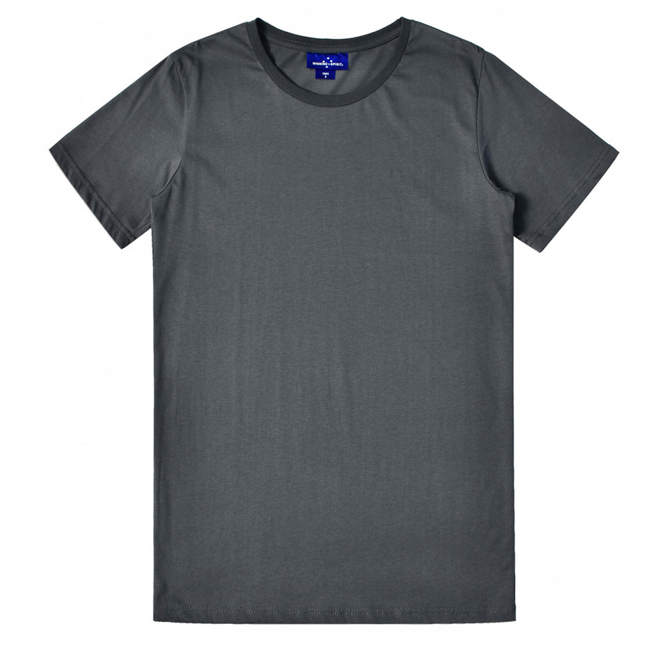 Charcoal men's crew neck tee with smooth flat front chest panel and short sleeves, flat lay