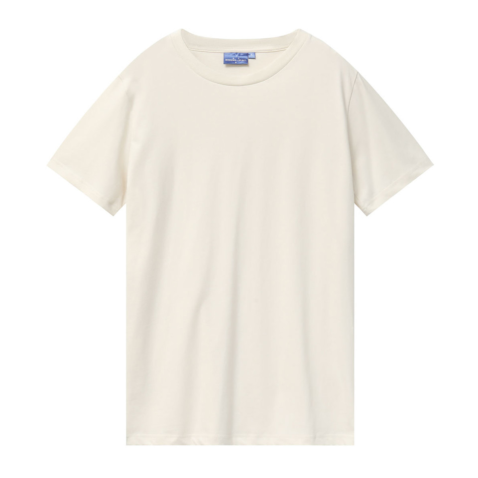 Natural cream coloured crew neck t-shirt with short sleeves and smooth cotton construction