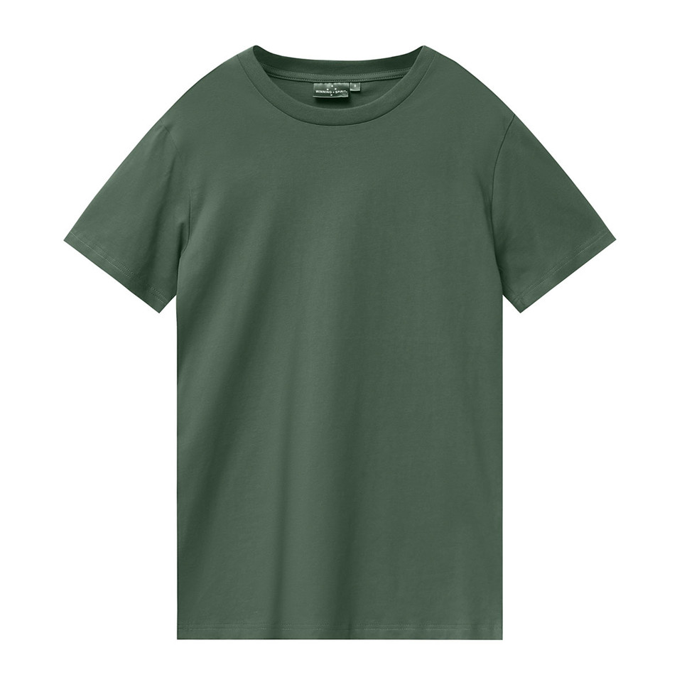 Sage green crew neck t-shirt with short sleeves and smooth cotton fabric finish