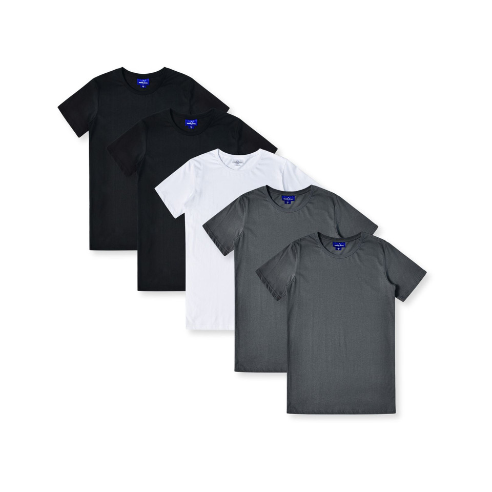 Five LOFT premium cotton crew neck tees fanned out in black, white, and charcoal colourways
