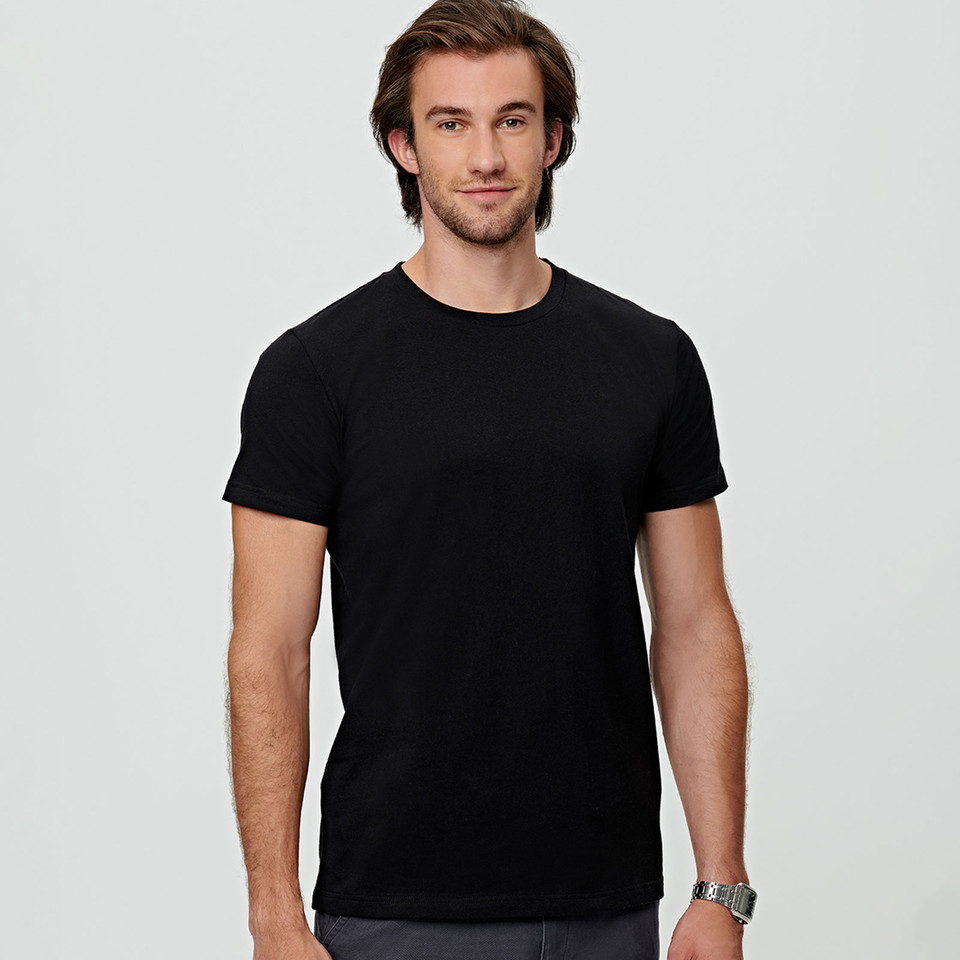 Black crew neck t-shirt with short sleeves and classic fit, featuring smooth premium cotton fabric
