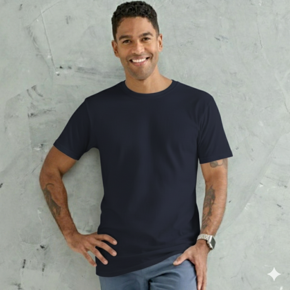 A male model wearing a navy LOFT Mens Premium Cotton Tshirt with a longer body, a mid-weight, regular fit, and a crew neck.