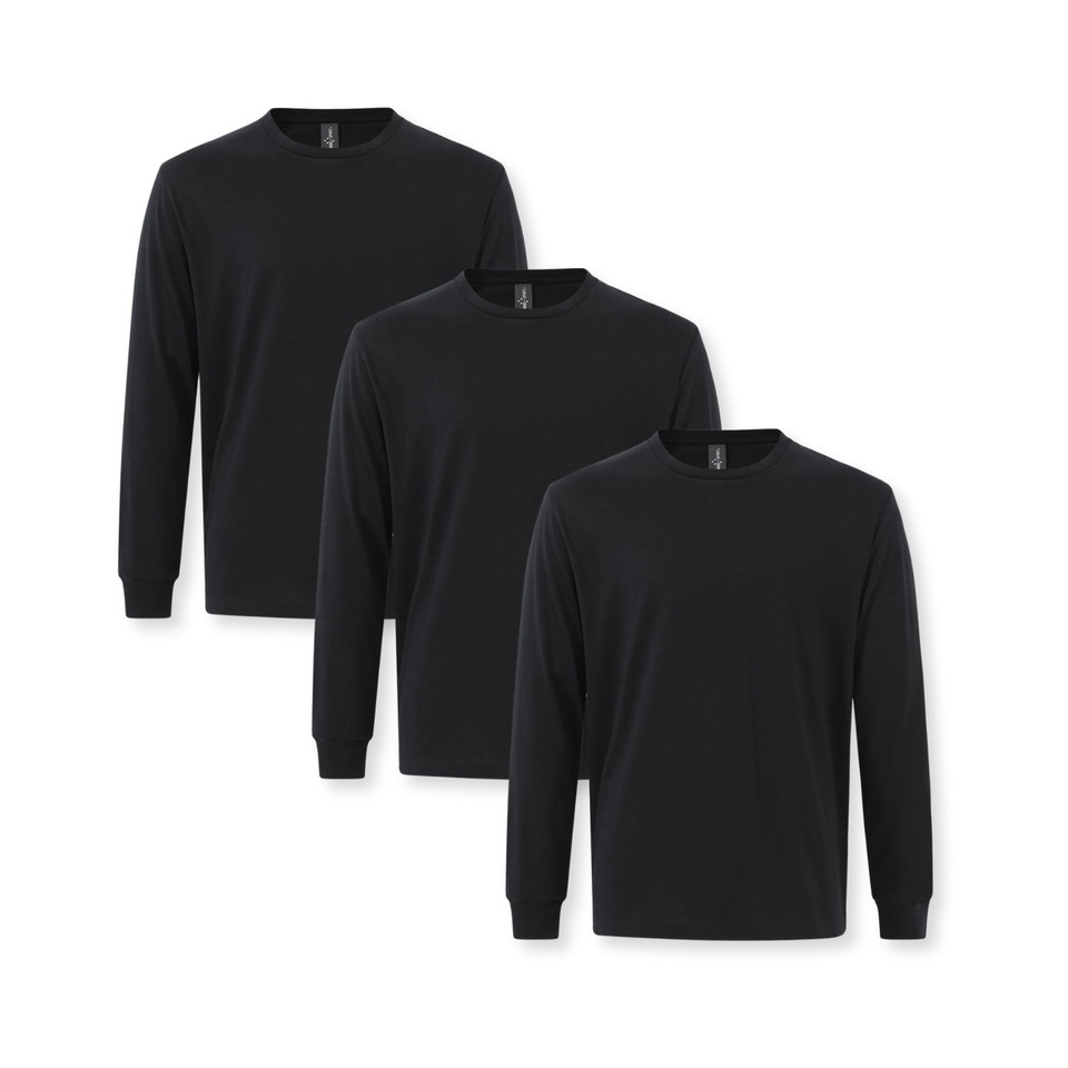 Three black men's long sleeve crew neck tees with ribbed cuffs, shown stacked in a flat lay trio packshot