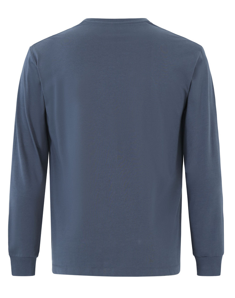 Slate grey long sleeve crew neck t-shirt shown from back with ribbed collar and cuffs