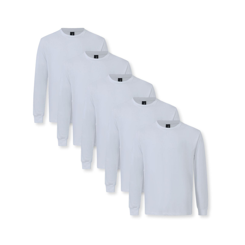 Five white men's long sleeve tees fanned in a flat lay stack, ribbed cuffs and crew neck, smooth front panel