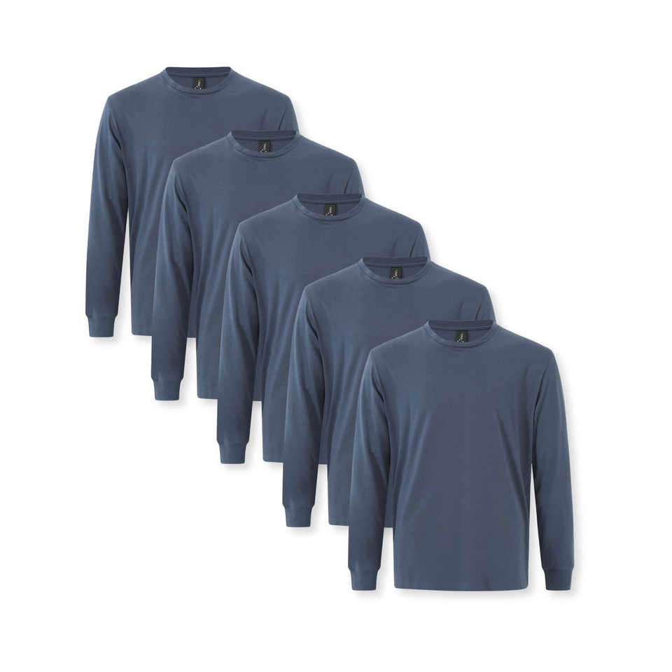 Five slate blue men's premium long sleeve crew neck tees fanned in a packshot stack