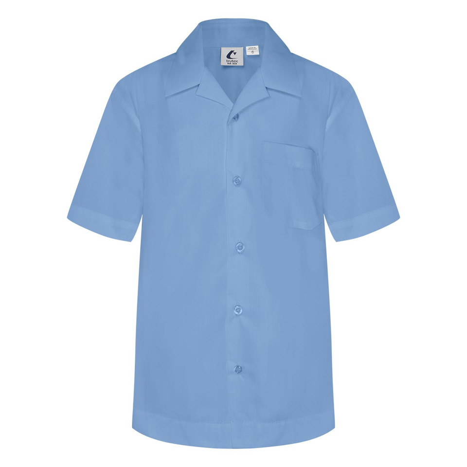 Sky blue short sleeve shirt with open collar, chest pocket and button-front closure