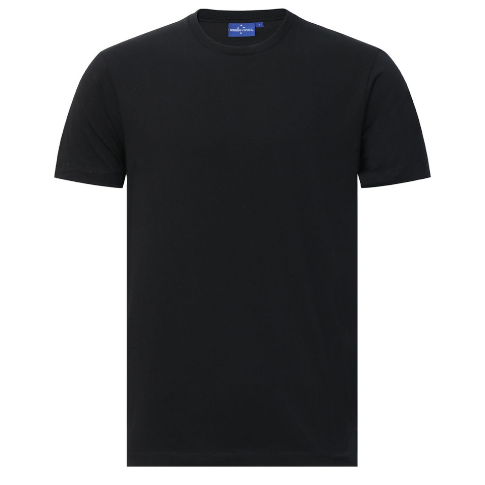Black crew neck t-shirt with short sleeves and smooth cotton fabric showing clean front panel ideal for decoration