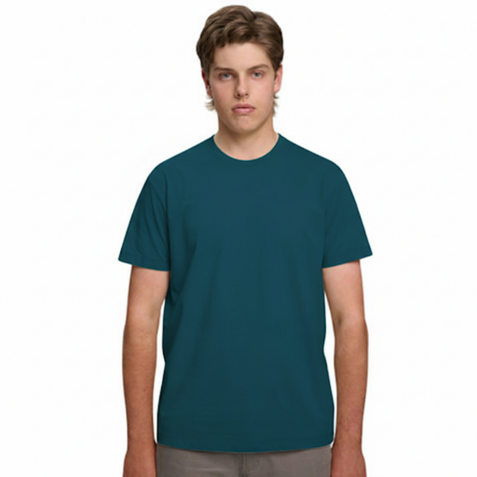 A male model with light brown hair wearing a plain atlantic Soho Men's Premium New Tech Cotton Face T-shirt, standing against a white background. A male model with light brown hair wearing a plain atlantic Soho Men's Premium New Tech Cotton Face T-shirt, standing against a white background.