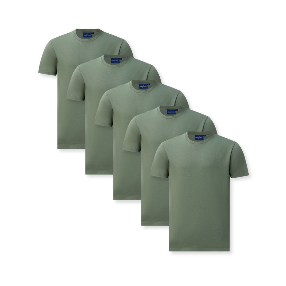Five mineral green crew neck t-shirts with ribbed neckline displayed in staggered row layout