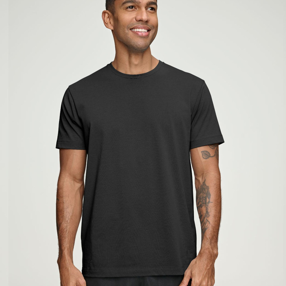 Mineral green crew neck t-shirt with short sleeves and smooth flat chest panel for decoration