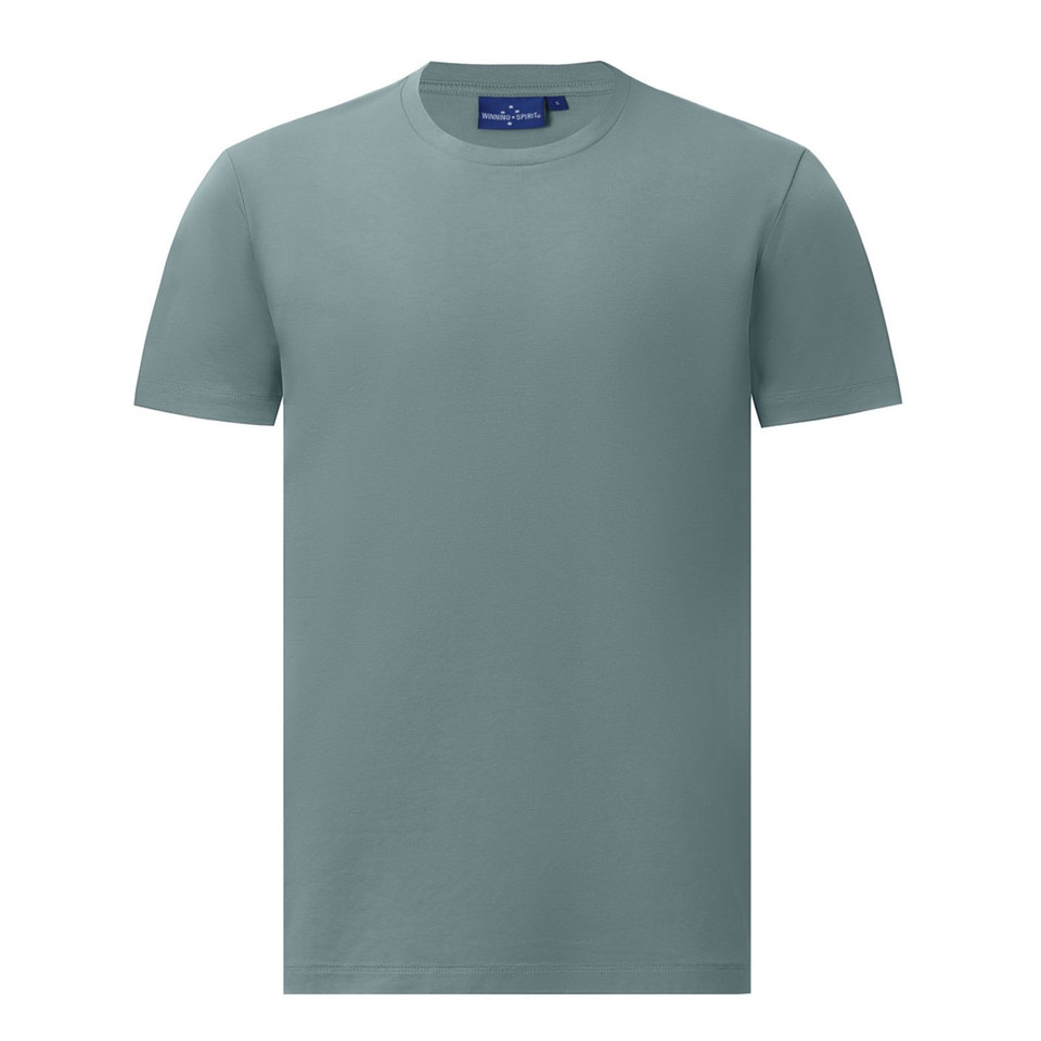 Pastel blue men's premium crew neck tee — smooth flat front, short sleeves, clean ribbed collar