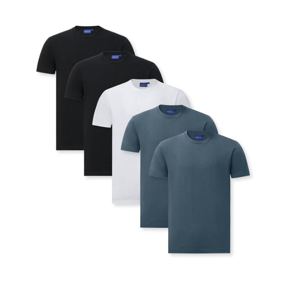 Five premium crew neck t-shirts in black, white and slate blue with smooth cotton construction