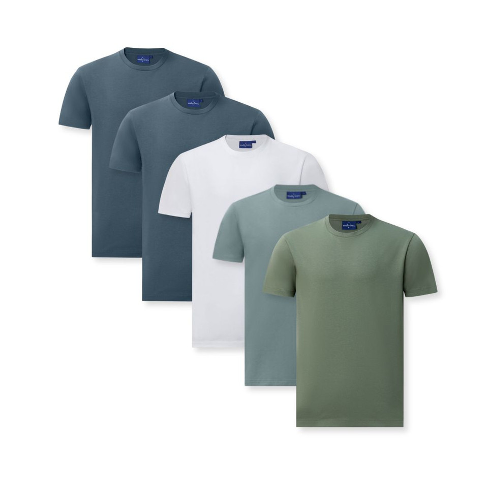 Five crew neck t-shirts in slate grey, white, pale blue and olive green with ribbed collars displayed in layered arrangement