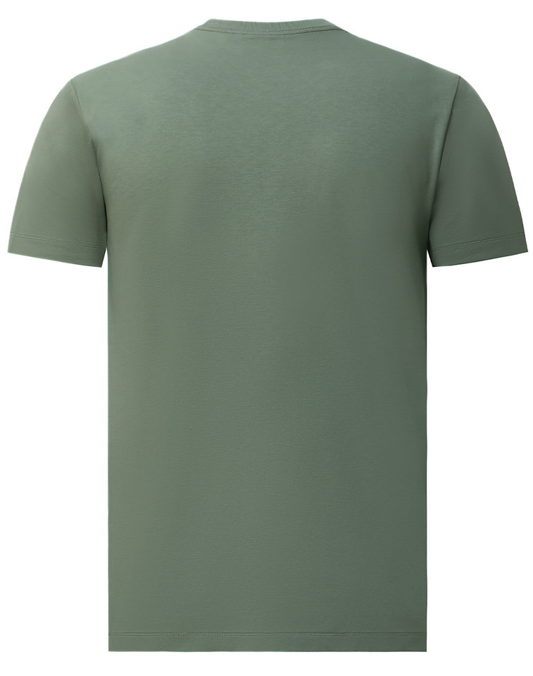 Sage green crew neck t-shirt shown from back with short sleeves and smooth cotton fabric