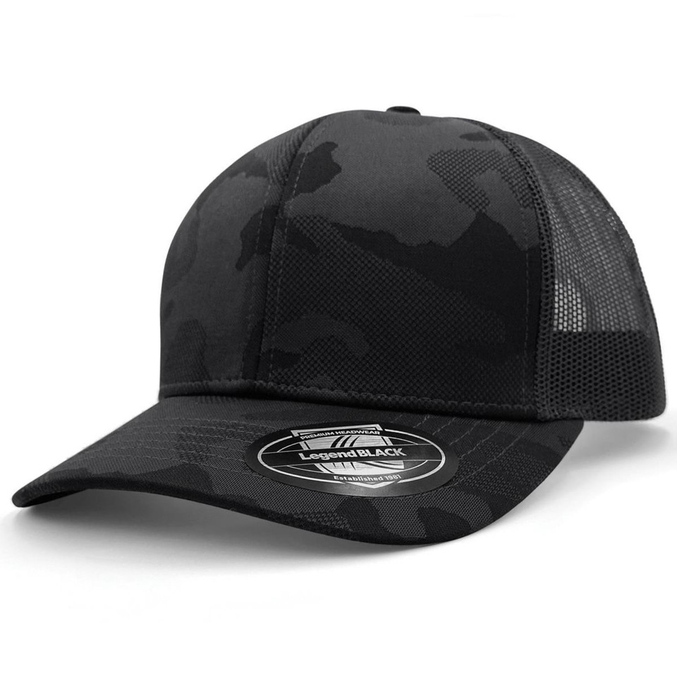 Black camouflage trucker cap with mesh back panels and curved peak