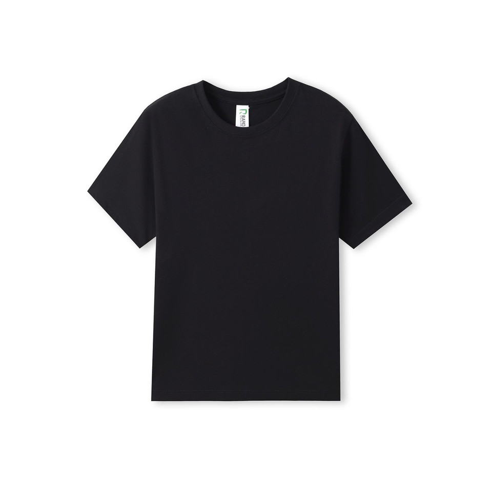 Black organic cotton kids t-shirt with crew neck and short sleeves on white background