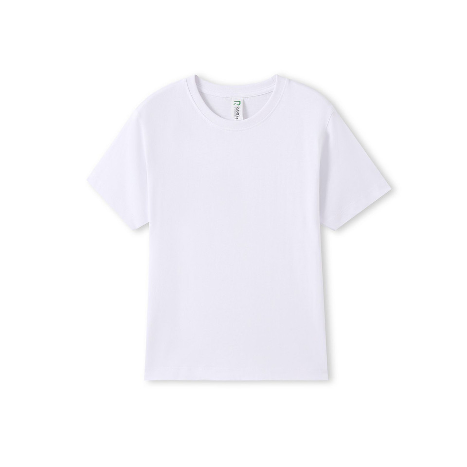 White organic cotton kids t-shirt with crew neck and short sleeves laid flat on neutral background