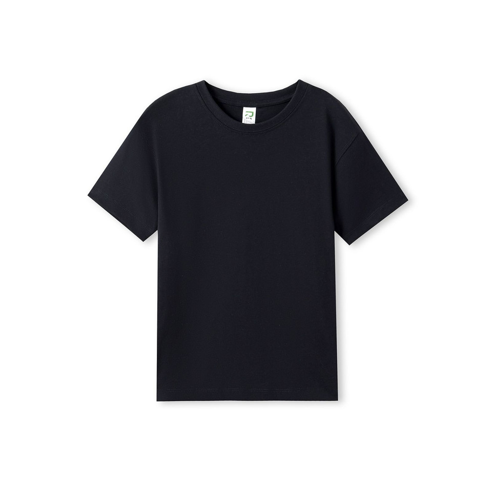 Navy organic cotton kids t-shirt with crew neck and short sleeves on white background