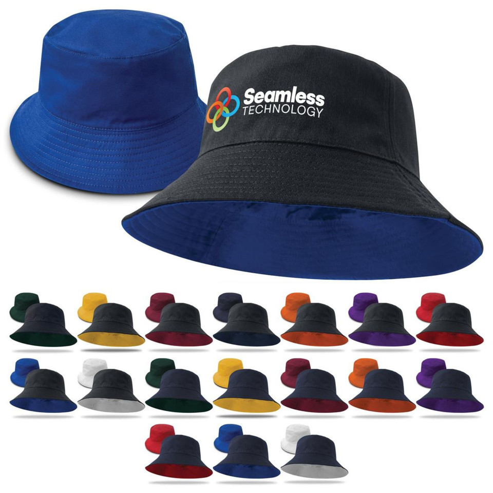 Reversible bucket hat in royal blue and black cotton twill with contrasting underbrim colors