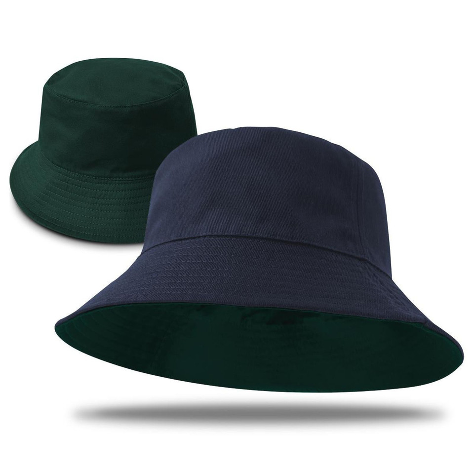 Navy/Bottle Guava reversible cotton twill bucket hat, two-toned and blank, perfect for sun protection, promotions, or custom logo embroidery.