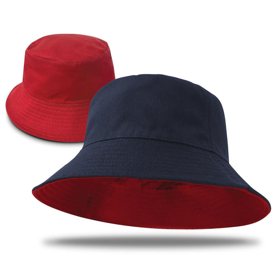 Navy/Red Guava reversible cotton twill bucket hat, two-toned and blank, perfect for sun protection, promotions, or custom logo embroidery.