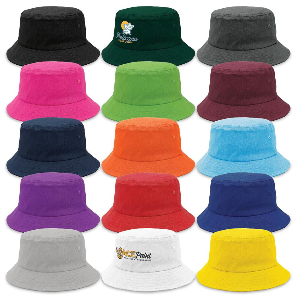 Lightweight cotton bucket hats displayed in fifteen colours including black, forest green, charcoal, hot pink, lime, maroon, navy, orange, sky blue, purple, ...