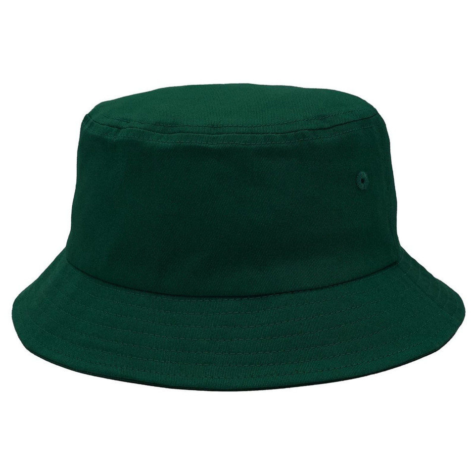 Forest green cotton bucket hat with wide downward sloping brim and ventilation eyelets