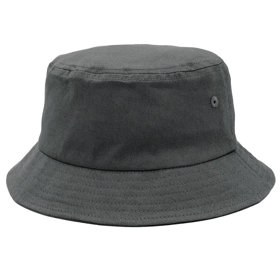 Charcoal grey cotton bucket hat with wide brim and metal eyelet ventilation
