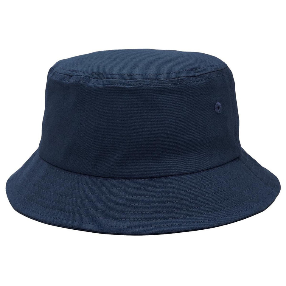 Navy blue cotton bucket hat with wide brim and eyelet ventilation