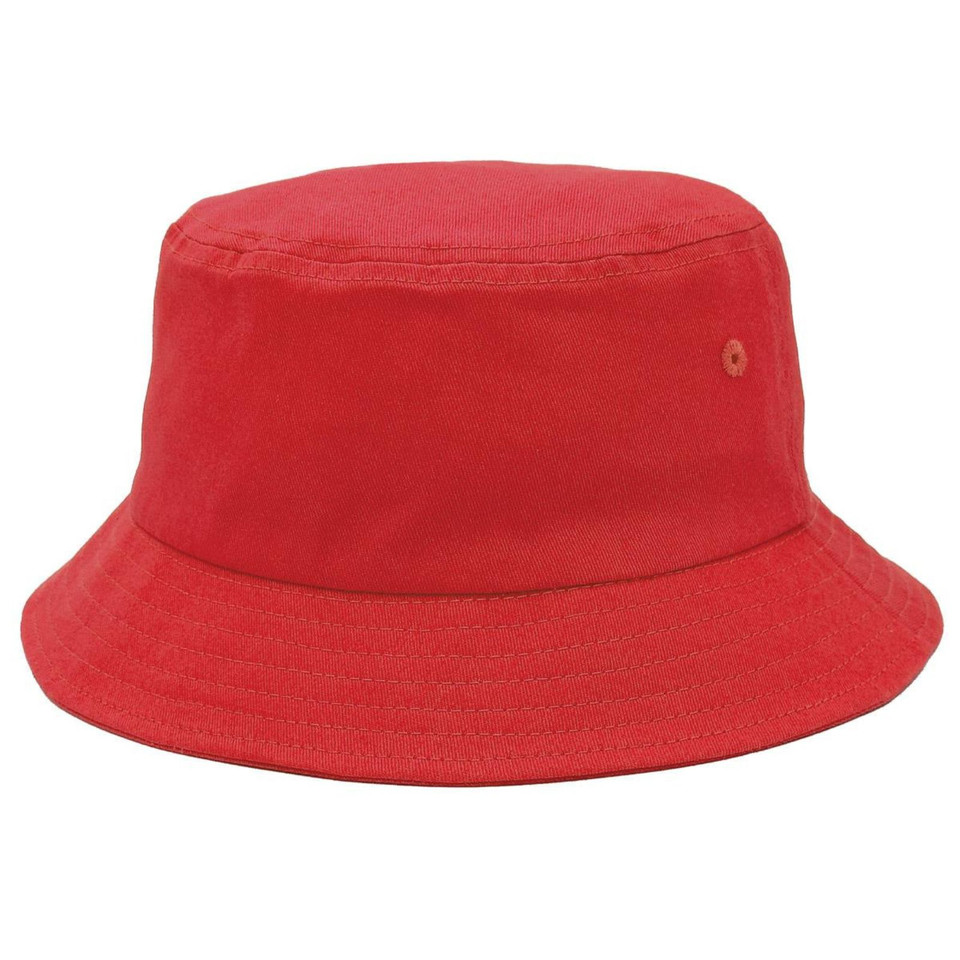 Red cotton bucket hat with wide downturned brim, single eyelet vent, and smooth front panel