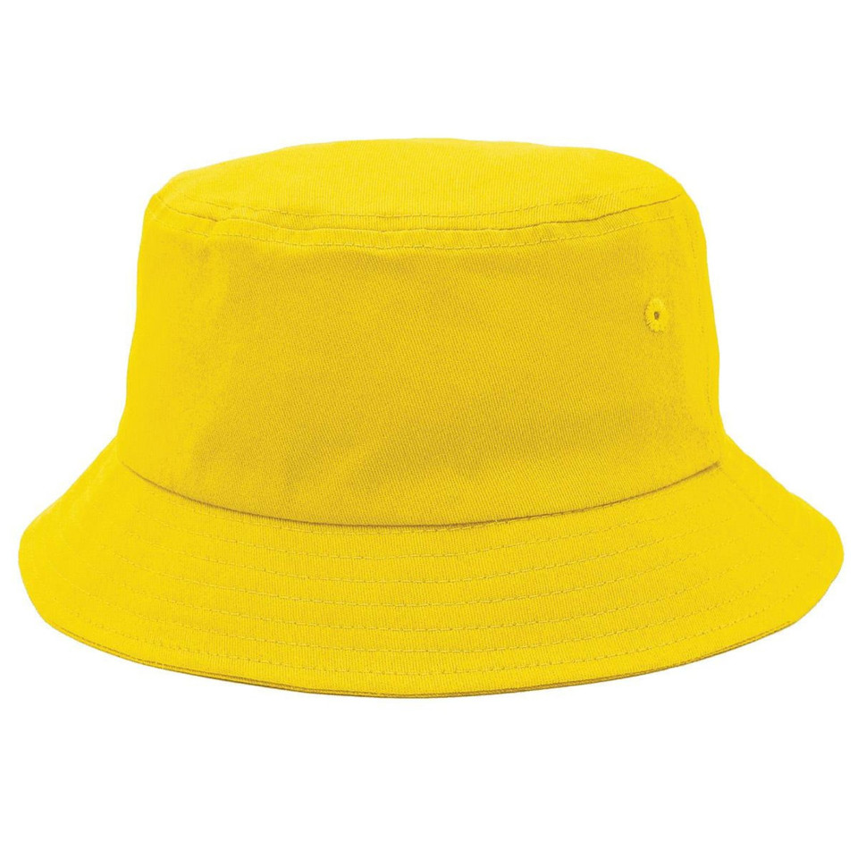 Sunflower yellow cotton bucket hat with wide brim, single eyelet, and smooth crown panel