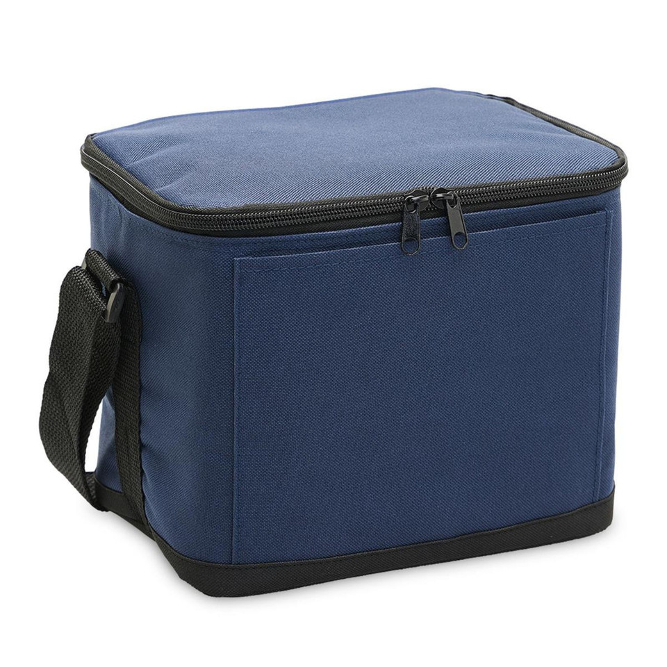 Navy blue insulated cooler bag with black trim, zippered top, and adjustable shoulder strap