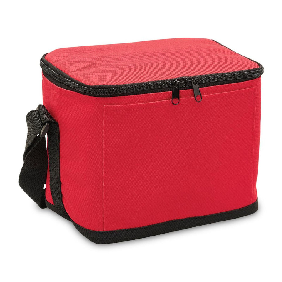 Bright red insulated cooler bag with black zip closure, black base panel and adjustable shoulder strap