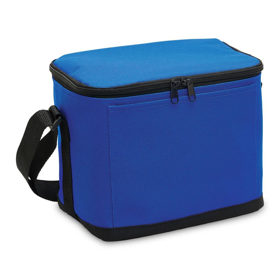 Royal blue insulated cooler bag with light blue lid, black adjustable shoulder strap and black base trim