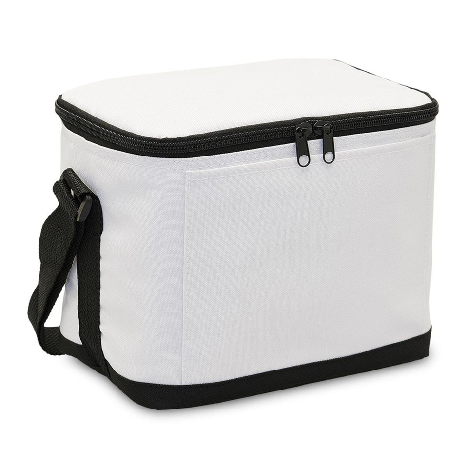White insulated cooler bag with black trim, adjustable shoulder strap, and black zippered top opening