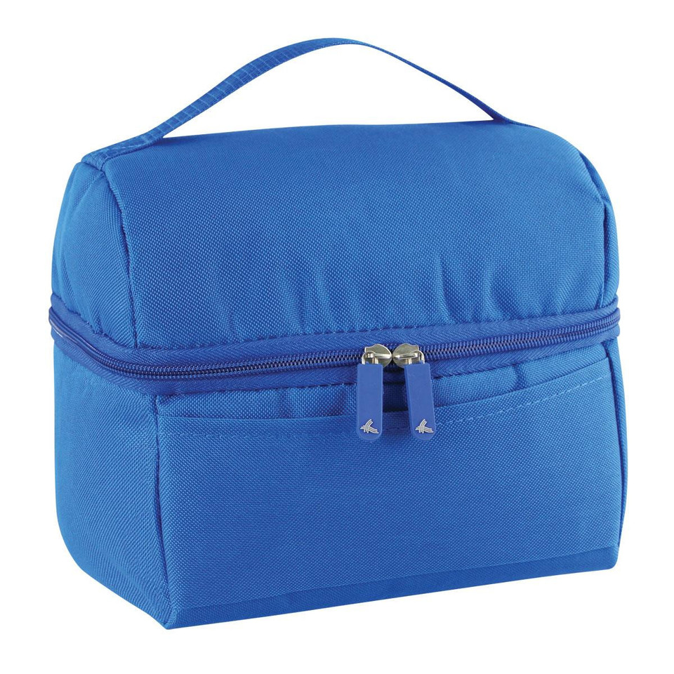 Royal blue insulated lunch box with top carry handle, dual zip closure and front slip pocket