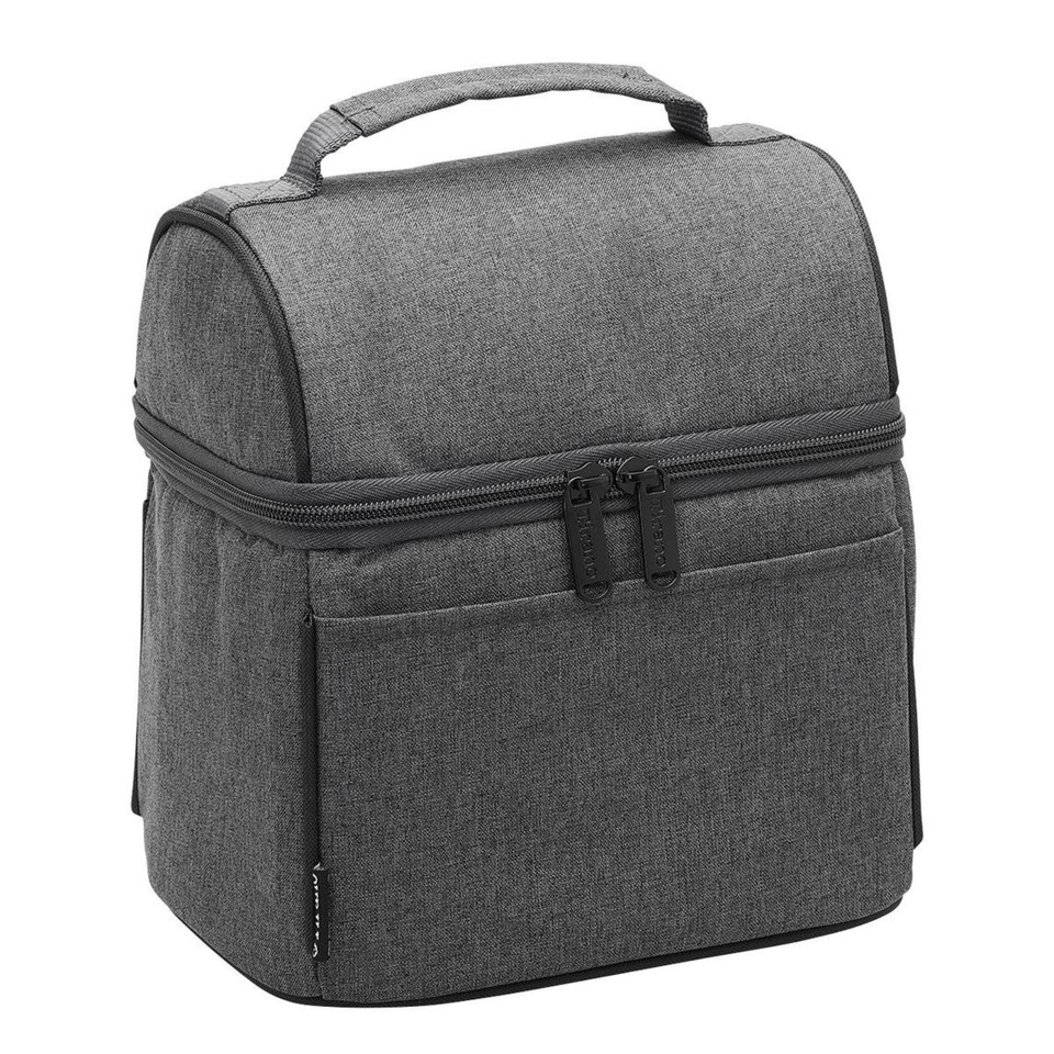 Charcoal marle insulated lunch cooler bag with dual-zip lid, top carry handle and front slip pocket
