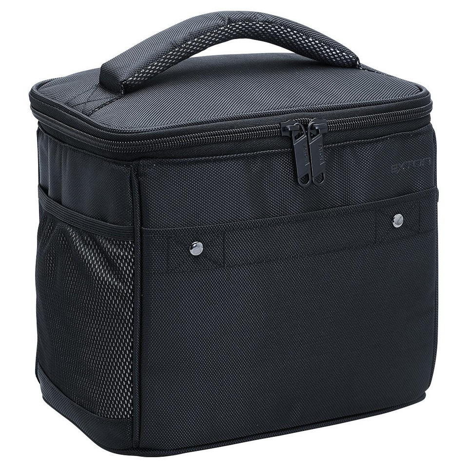 Charcoal insulated cooler bag with padded carry handle, dual zippers, and mesh side pockets