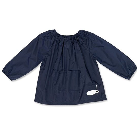 Navy long-sleeve children's art smock with elasticated neckline, cuffed sleeves and front patch pocket